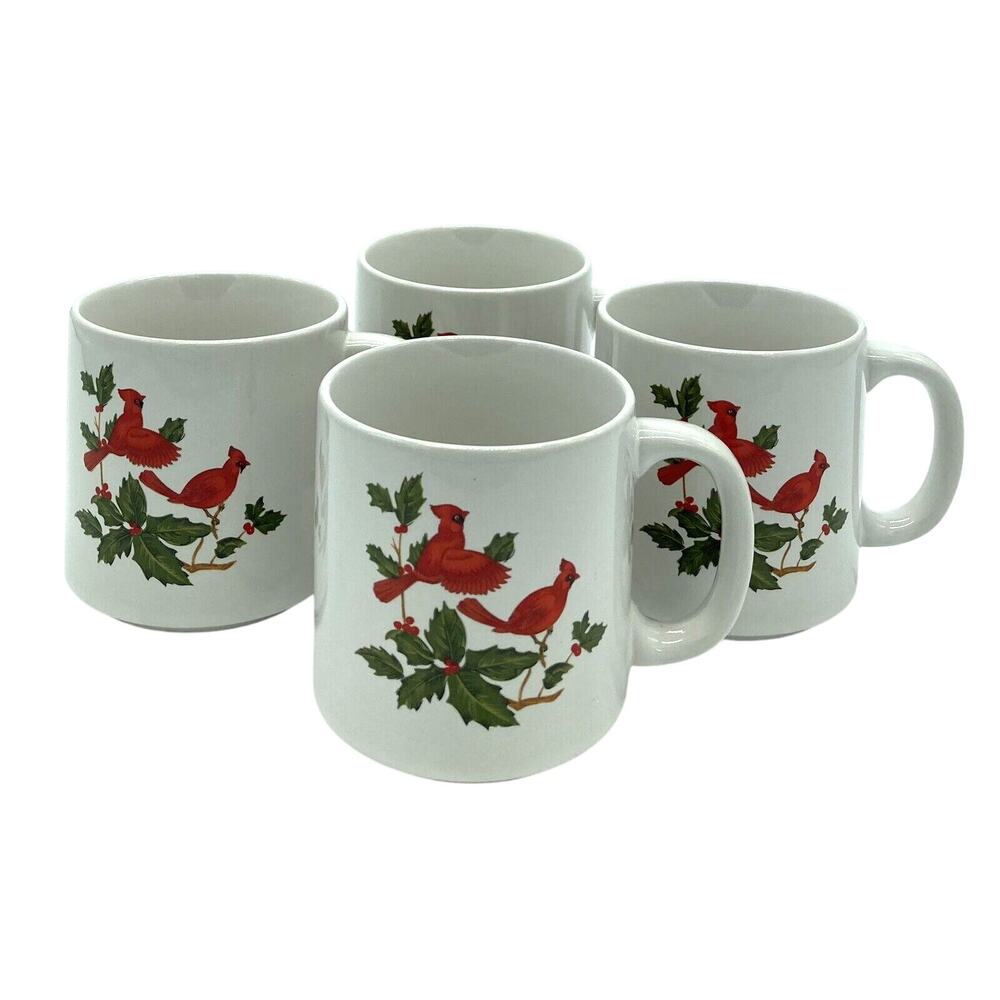 Vtg 1986 Lefton 05548 Christmas 4 Coffee Mugs Cups Teacups Cardinals Holly 8 Oz